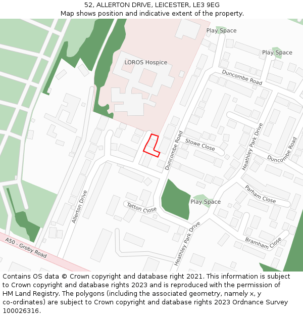 52, ALLERTON DRIVE, LEICESTER, LE3 9EG: Location map and indicative extent of plot