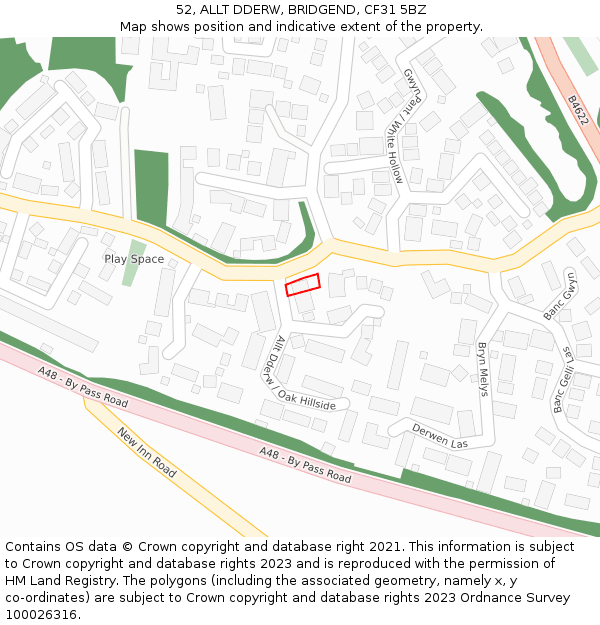 52, ALLT DDERW, BRIDGEND, CF31 5BZ: Location map and indicative extent of plot