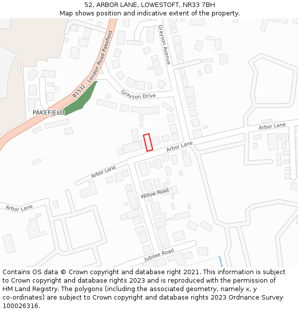 52, ARBOR LANE, LOWESTOFT, NR33 7BH: Location map and indicative extent of plot