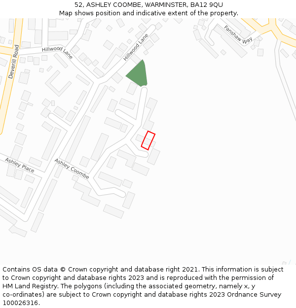 52, ASHLEY COOMBE, WARMINSTER, BA12 9QU: Location map and indicative extent of plot