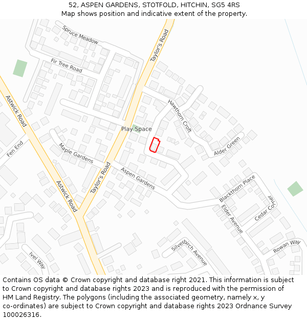 52, ASPEN GARDENS, STOTFOLD, HITCHIN, SG5 4RS: Location map and indicative extent of plot