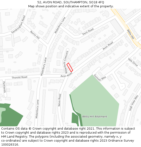 52, AVON ROAD, SOUTHAMPTON, SO18 4FQ: Location map and indicative extent of plot