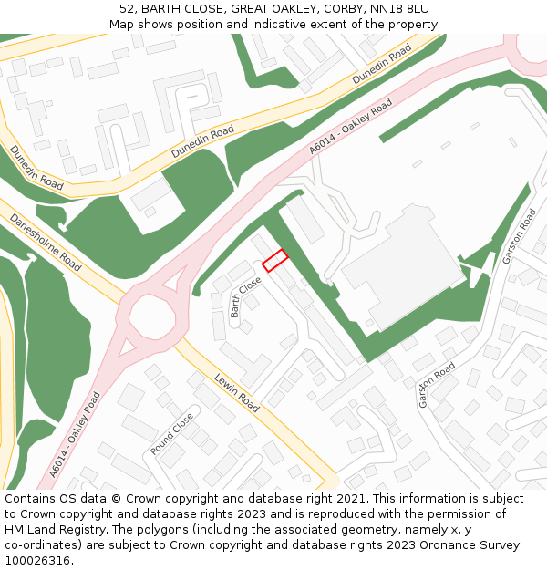 52, BARTH CLOSE, GREAT OAKLEY, CORBY, NN18 8LU: Location map and indicative extent of plot
