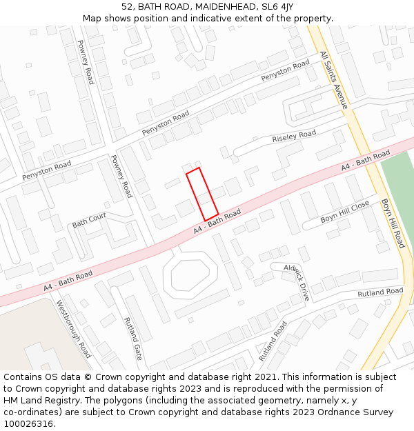 52, BATH ROAD, MAIDENHEAD, SL6 4JY: Location map and indicative extent of plot
