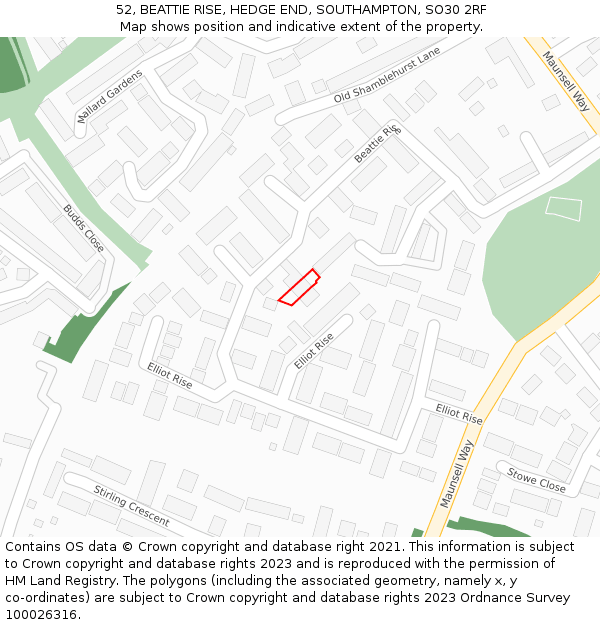 52, BEATTIE RISE, HEDGE END, SOUTHAMPTON, SO30 2RF: Location map and indicative extent of plot