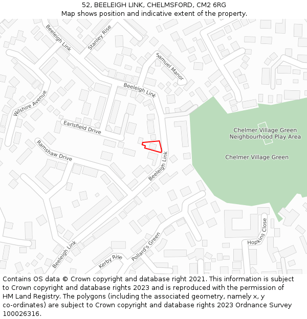 52, BEELEIGH LINK, CHELMSFORD, CM2 6RG: Location map and indicative extent of plot
