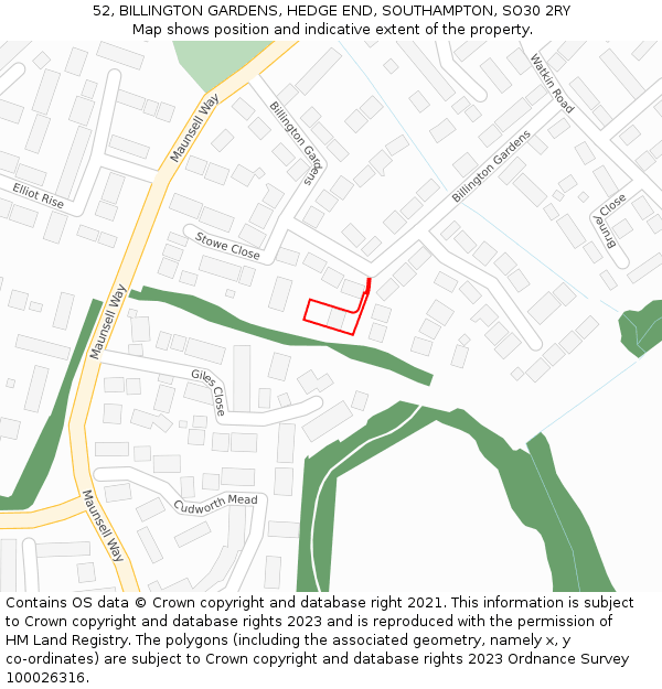 52, BILLINGTON GARDENS, HEDGE END, SOUTHAMPTON, SO30 2RY: Location map and indicative extent of plot