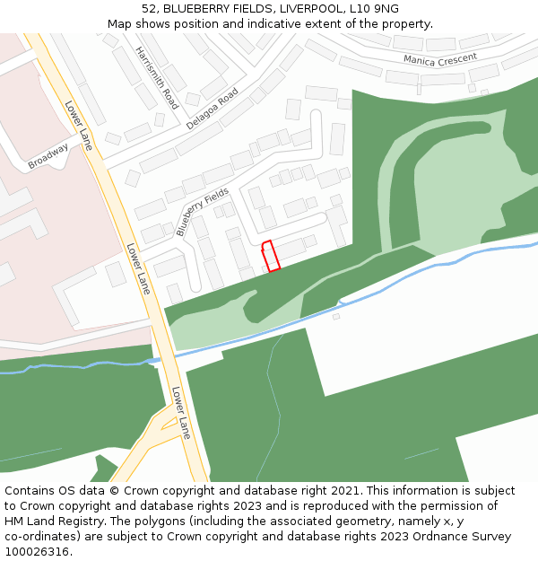 52, BLUEBERRY FIELDS, LIVERPOOL, L10 9NG: Location map and indicative extent of plot