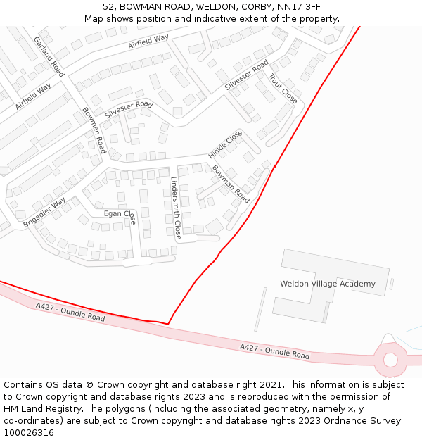 52, BOWMAN ROAD, WELDON, CORBY, NN17 3FF: Location map and indicative extent of plot