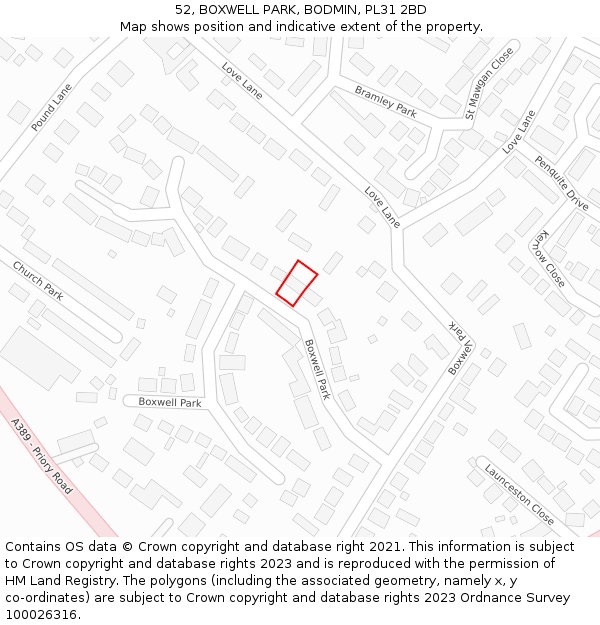 52, BOXWELL PARK, BODMIN, PL31 2BD: Location map and indicative extent of plot