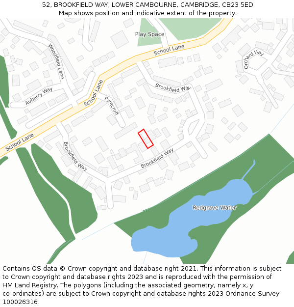 52, BROOKFIELD WAY, LOWER CAMBOURNE, CAMBRIDGE, CB23 5ED: Location map and indicative extent of plot