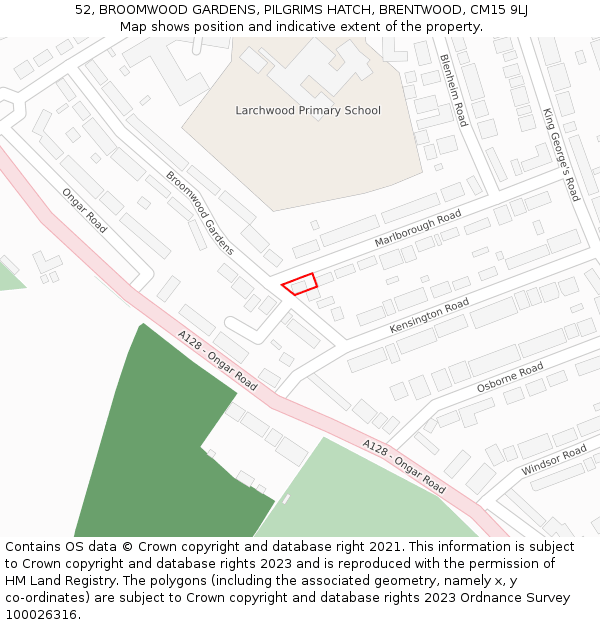 52, BROOMWOOD GARDENS, PILGRIMS HATCH, BRENTWOOD, CM15 9LJ: Location map and indicative extent of plot