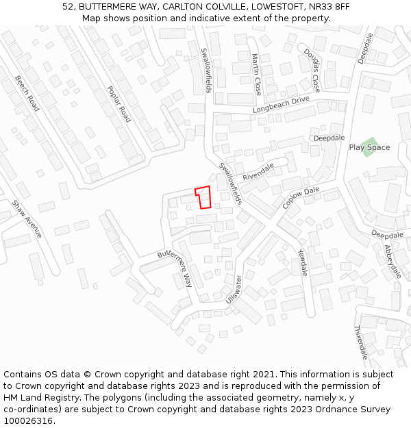 52, BUTTERMERE WAY, CARLTON COLVILLE, LOWESTOFT, NR33 8FF: Location map and indicative extent of plot