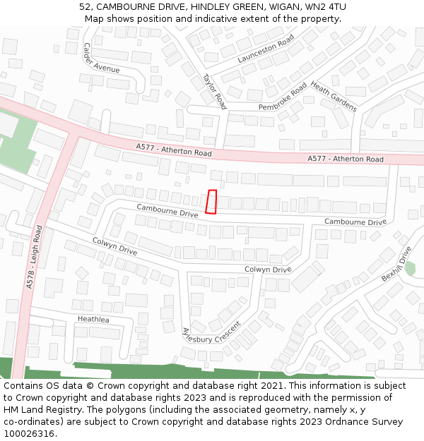 52, CAMBOURNE DRIVE, HINDLEY GREEN, WIGAN, WN2 4TU: Location map and indicative extent of plot