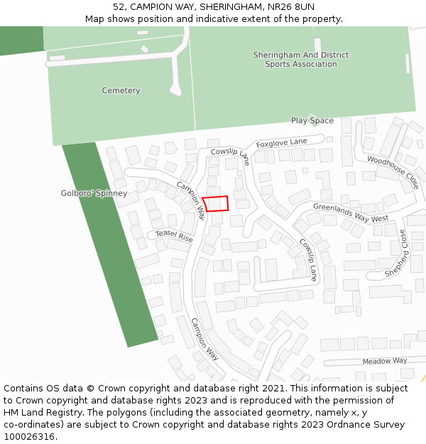 52, CAMPION WAY, SHERINGHAM, NR26 8UN: Location map and indicative extent of plot