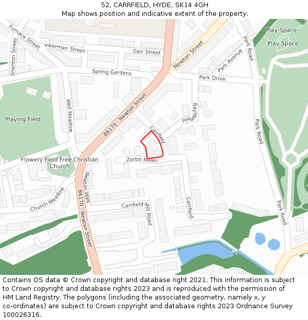 52, CARRFIELD, HYDE, SK14 4GH: Location map and indicative extent of plot