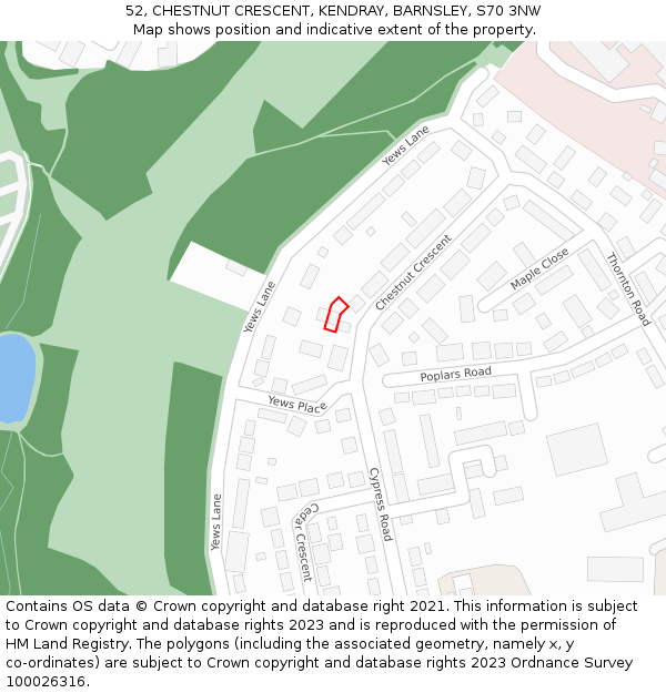 52, CHESTNUT CRESCENT, KENDRAY, BARNSLEY, S70 3NW: Location map and indicative extent of plot
