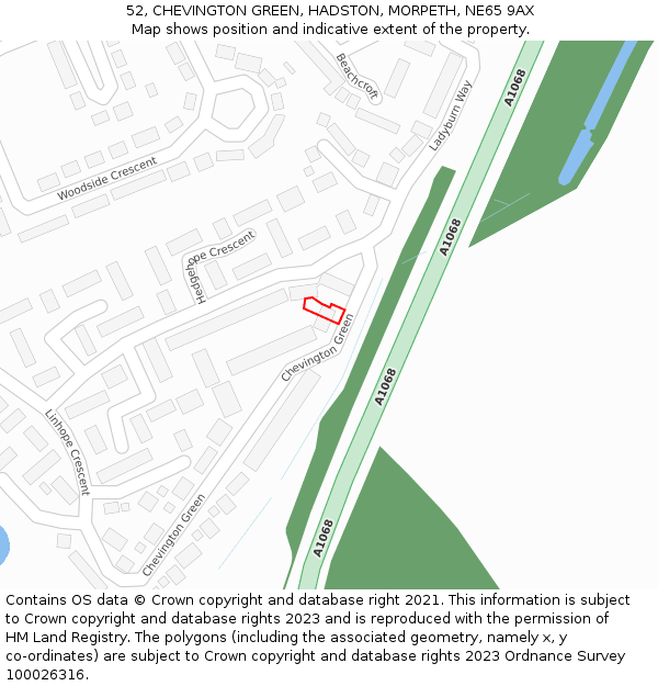 52, CHEVINGTON GREEN, HADSTON, MORPETH, NE65 9AX: Location map and indicative extent of plot