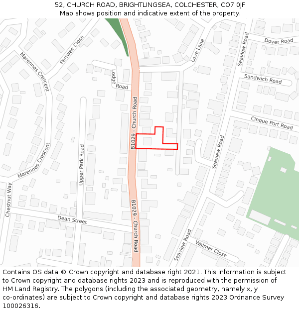 52, CHURCH ROAD, BRIGHTLINGSEA, COLCHESTER, CO7 0JF: Location map and indicative extent of plot