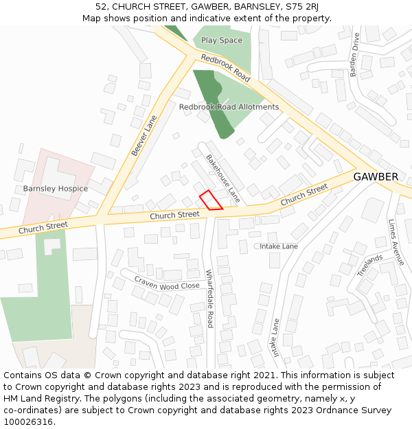52, CHURCH STREET, GAWBER, BARNSLEY, S75 2RJ: Location map and indicative extent of plot