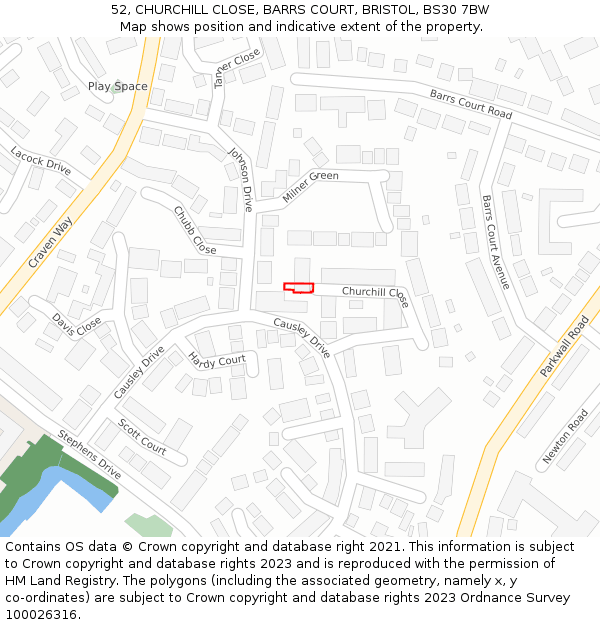 52, CHURCHILL CLOSE, BARRS COURT, BRISTOL, BS30 7BW: Location map and indicative extent of plot