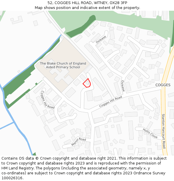 52, COGGES HILL ROAD, WITNEY, OX28 3FP: Location map and indicative extent of plot