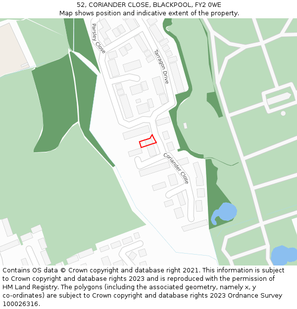 52, CORIANDER CLOSE, BLACKPOOL, FY2 0WE: Location map and indicative extent of plot