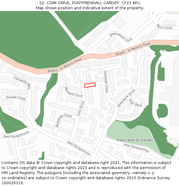 52, CORK DRIVE, PONTPRENNAU, CARDIFF, CF23 8PU: Location map and indicative extent of plot