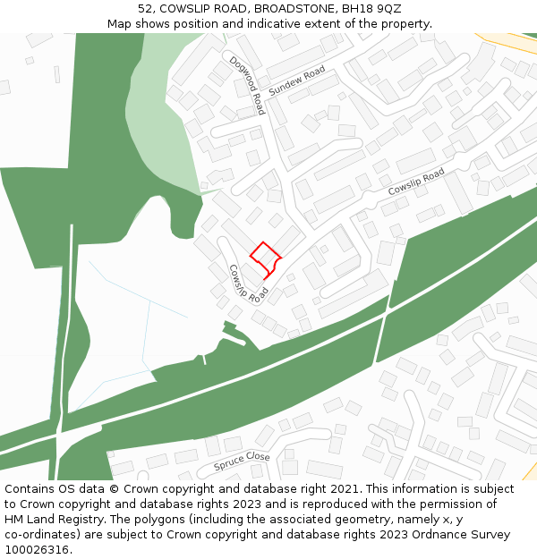 52, COWSLIP ROAD, BROADSTONE, BH18 9QZ: Location map and indicative extent of plot