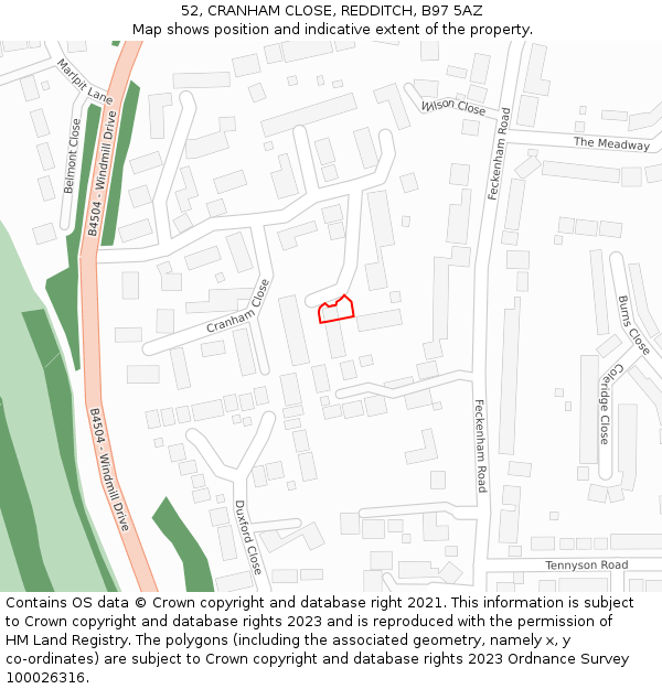 52, CRANHAM CLOSE, REDDITCH, B97 5AZ: Location map and indicative extent of plot