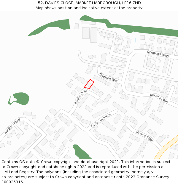 52, DAVIES CLOSE, MARKET HARBOROUGH, LE16 7ND: Location map and indicative extent of plot