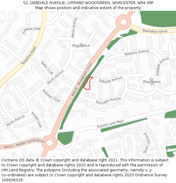 52, DEBDALE AVENUE, LYPPARD WOODGREEN, WORCESTER, WR4 0RP: Location map and indicative extent of plot