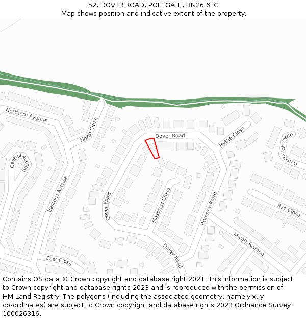 52, DOVER ROAD, POLEGATE, BN26 6LG: Location map and indicative extent of plot