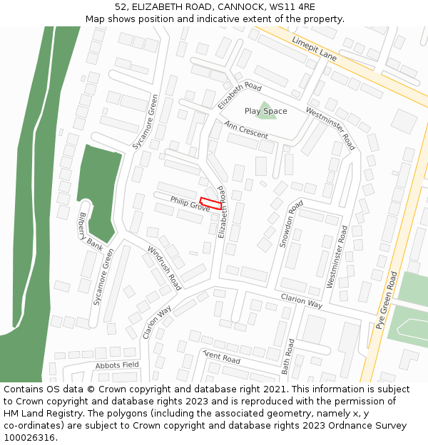 52, ELIZABETH ROAD, CANNOCK, WS11 4RE: Location map and indicative extent of plot