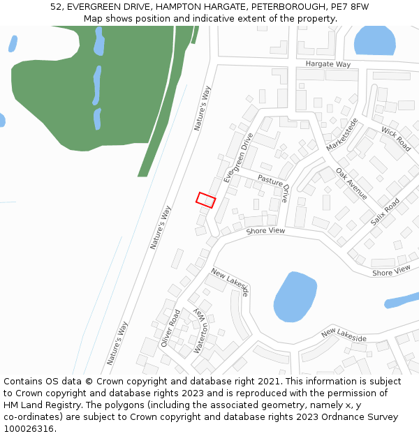 52, EVERGREEN DRIVE, HAMPTON HARGATE, PETERBOROUGH, PE7 8FW: Location map and indicative extent of plot