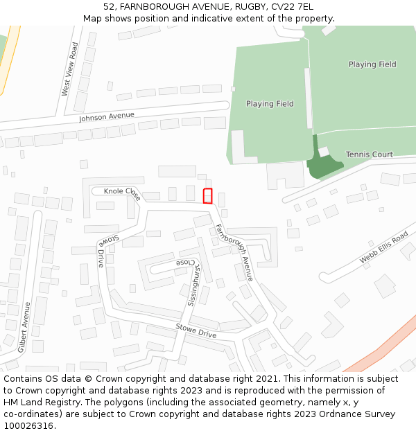 52, FARNBOROUGH AVENUE, RUGBY, CV22 7EL: Location map and indicative extent of plot