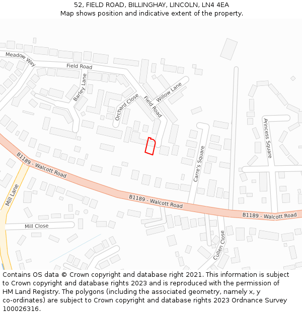 52, FIELD ROAD, BILLINGHAY, LINCOLN, LN4 4EA: Location map and indicative extent of plot