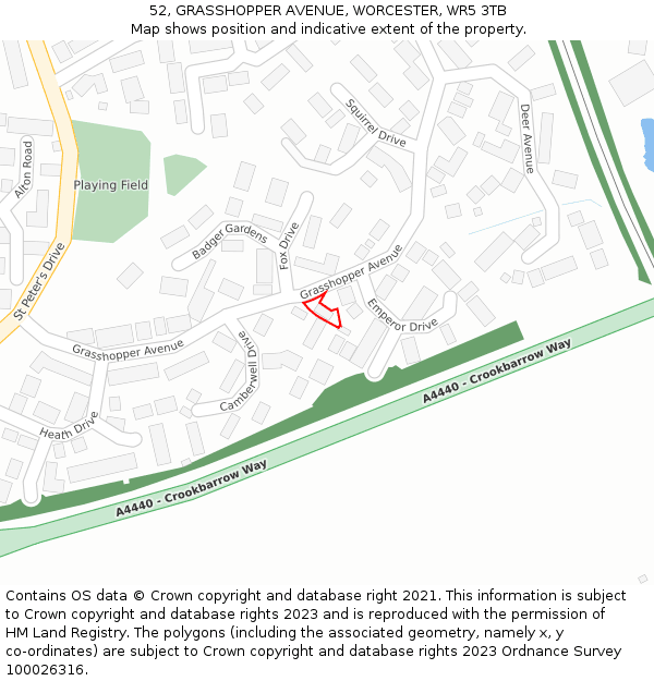 52, GRASSHOPPER AVENUE, WORCESTER, WR5 3TB: Location map and indicative extent of plot