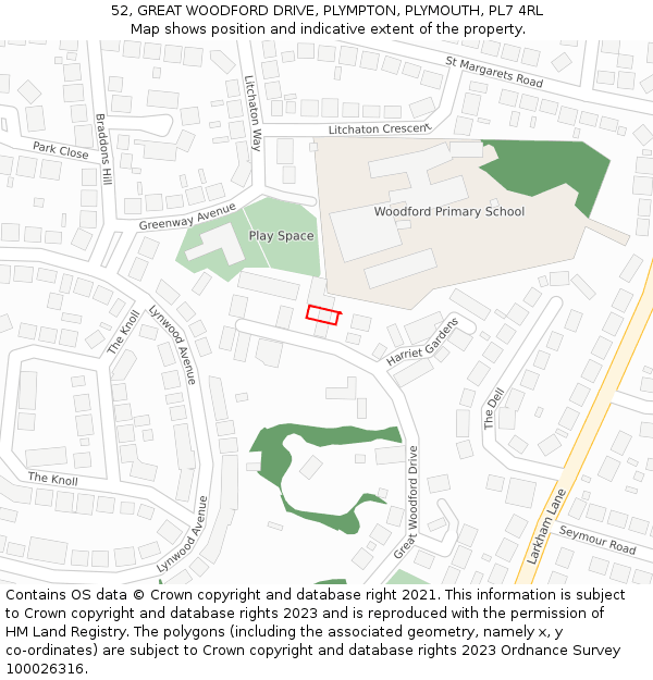 52, GREAT WOODFORD DRIVE, PLYMPTON, PLYMOUTH, PL7 4RL: Location map and indicative extent of plot