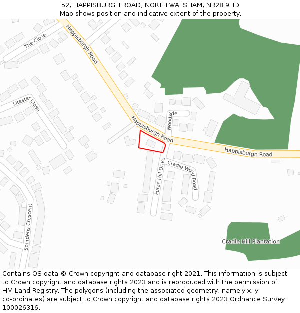 52, HAPPISBURGH ROAD, NORTH WALSHAM, NR28 9HD: Location map and indicative extent of plot