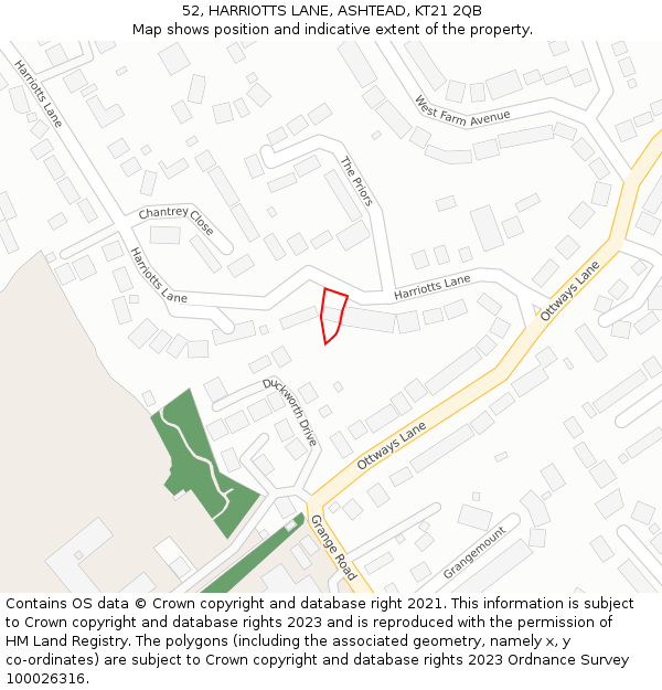 52, HARRIOTTS LANE, ASHTEAD, KT21 2QB: Location map and indicative extent of plot