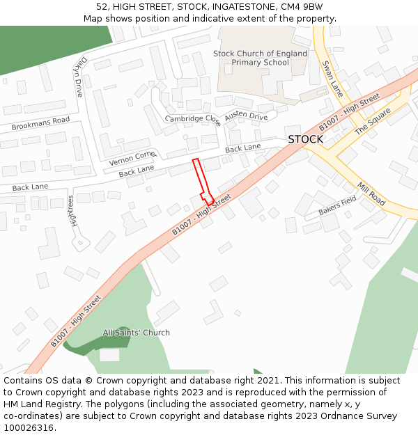 52, HIGH STREET, STOCK, INGATESTONE, CM4 9BW: Location map and indicative extent of plot