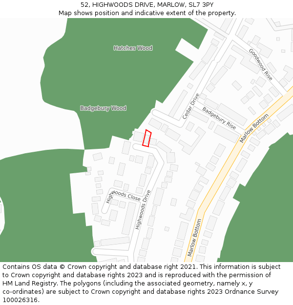 52, HIGHWOODS DRIVE, MARLOW, SL7 3PY: Location map and indicative extent of plot