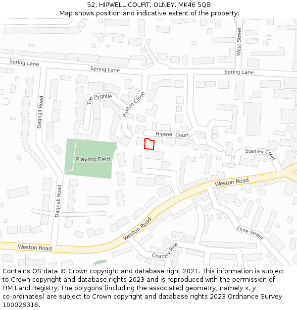 52, HIPWELL COURT, OLNEY, MK46 5QB: Location map and indicative extent of plot