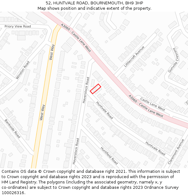 52, HUNTVALE ROAD, BOURNEMOUTH, BH9 3HP: Location map and indicative extent of plot