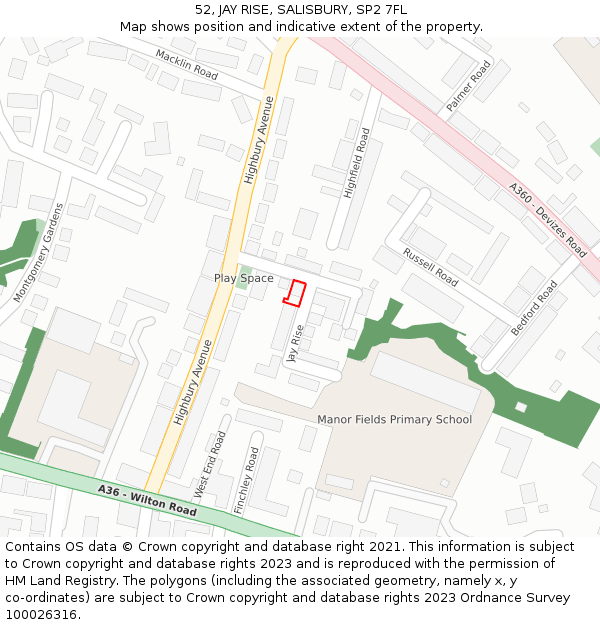 52, JAY RISE, SALISBURY, SP2 7FL: Location map and indicative extent of plot