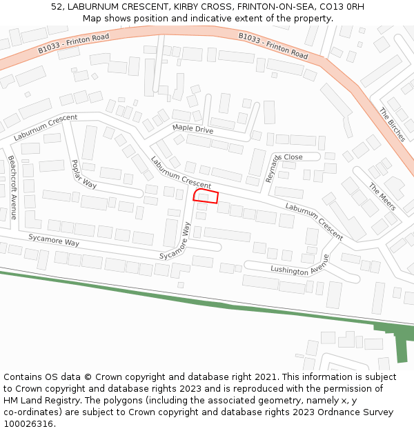 52, LABURNUM CRESCENT, KIRBY CROSS, FRINTON-ON-SEA, CO13 0RH: Location map and indicative extent of plot