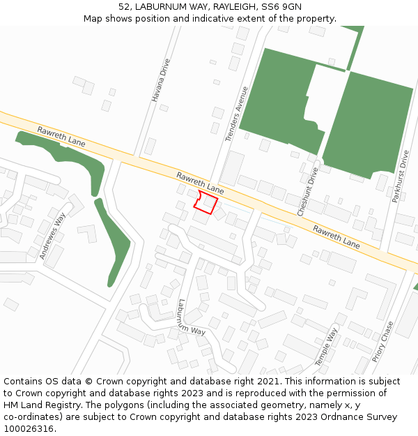 52, LABURNUM WAY, RAYLEIGH, SS6 9GN: Location map and indicative extent of plot