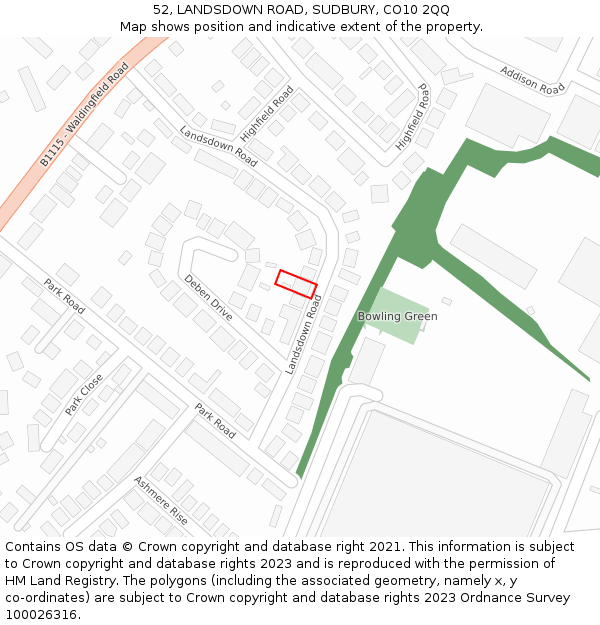 52, LANDSDOWN ROAD, SUDBURY, CO10 2QQ: Location map and indicative extent of plot