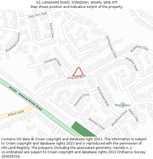 52, LANGHAM ROAD, STANDISH, WIGAN, WN6 0TF: Location map and indicative extent of plot